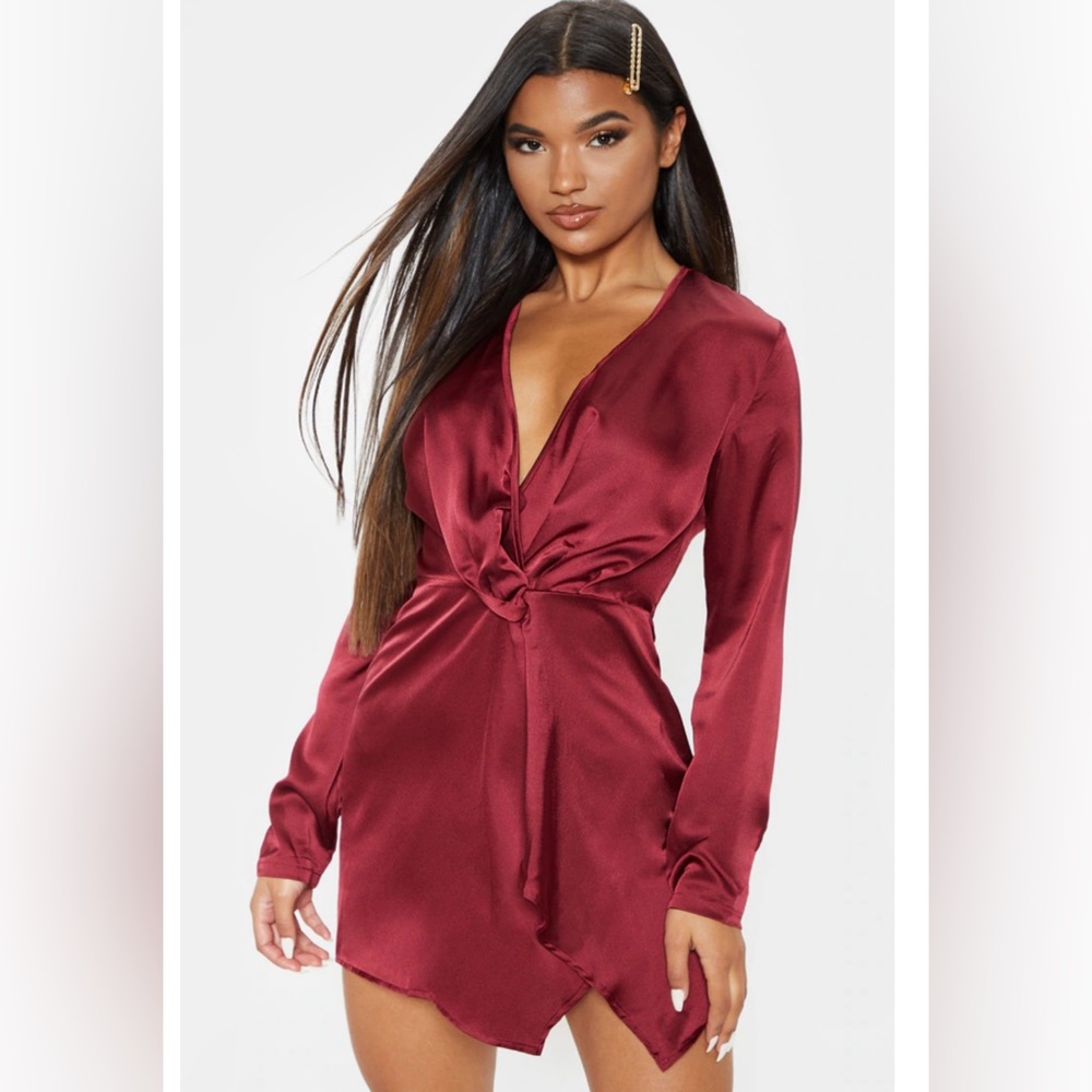 PrettyLittleThing Burgundy Satin Long Sleeve Wrap Dress